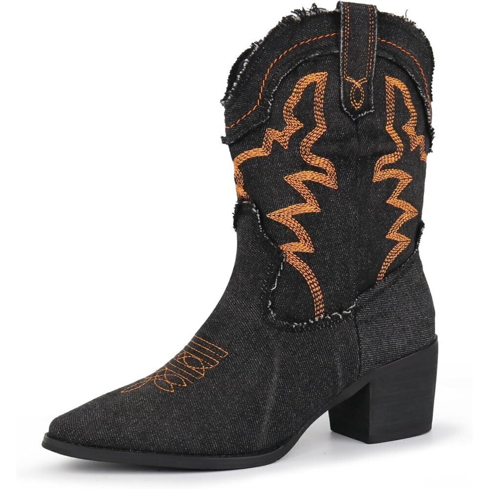🆕 Women's Black Denim Embroidered Western Rodeo Boots Pointed Toe Cowgirl